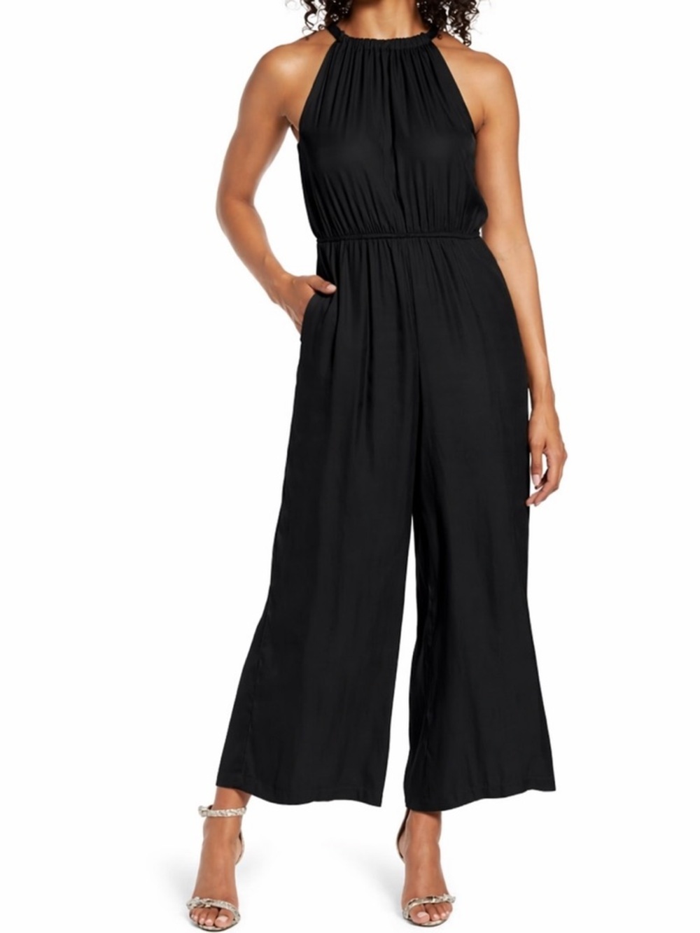Sam Edelman Black Silky Satin Halter Wide Leg Jumpsuit Size 6
